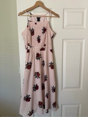 Ann Taylor Pink Midi Dress with Red Rose Print